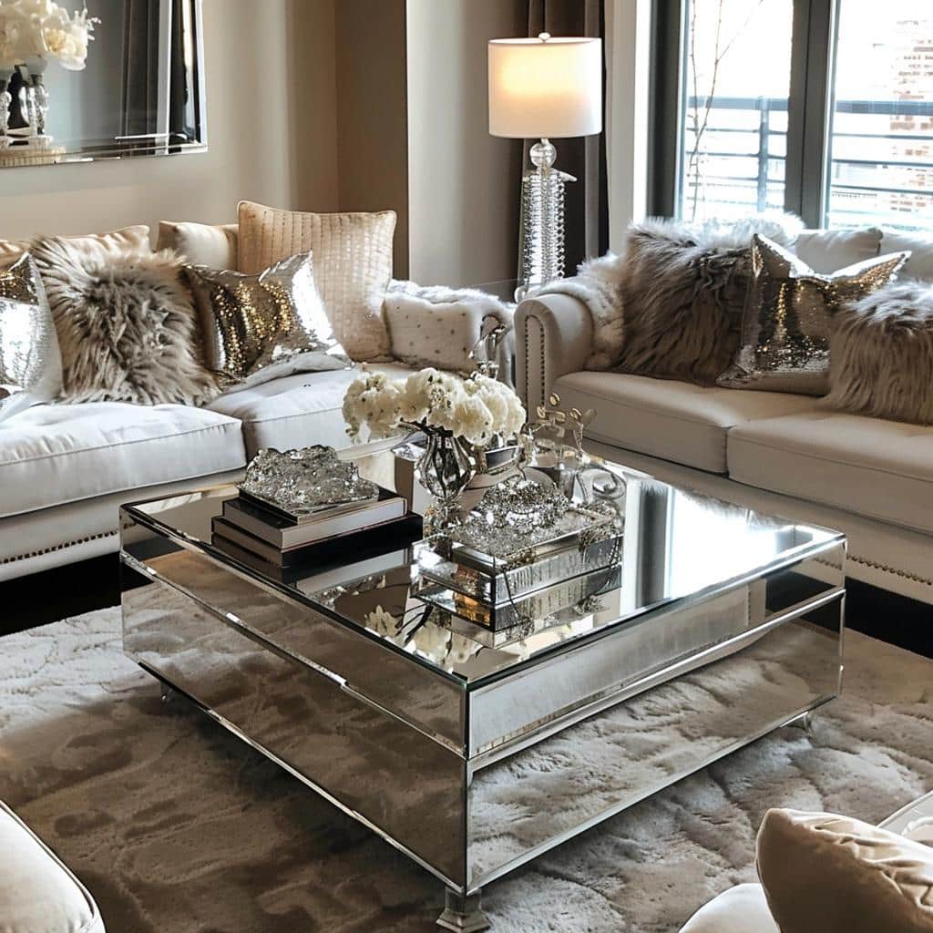 Styling with a Mirrored Coffee Table in the Living Room for Reflective Glamour