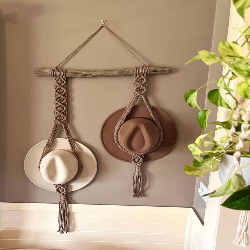 Versatile Macrame Hanger Organizes Caps Effortlessly.