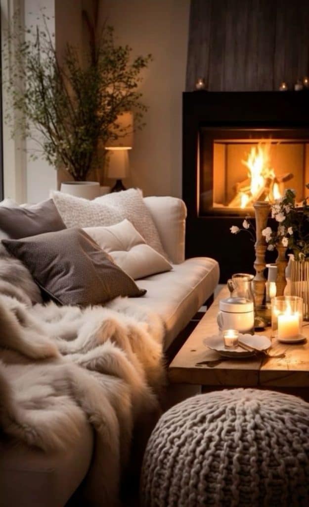 Transform Your Home into a Cozy Winter Retreat. 4 Living room with fireplace and candles.