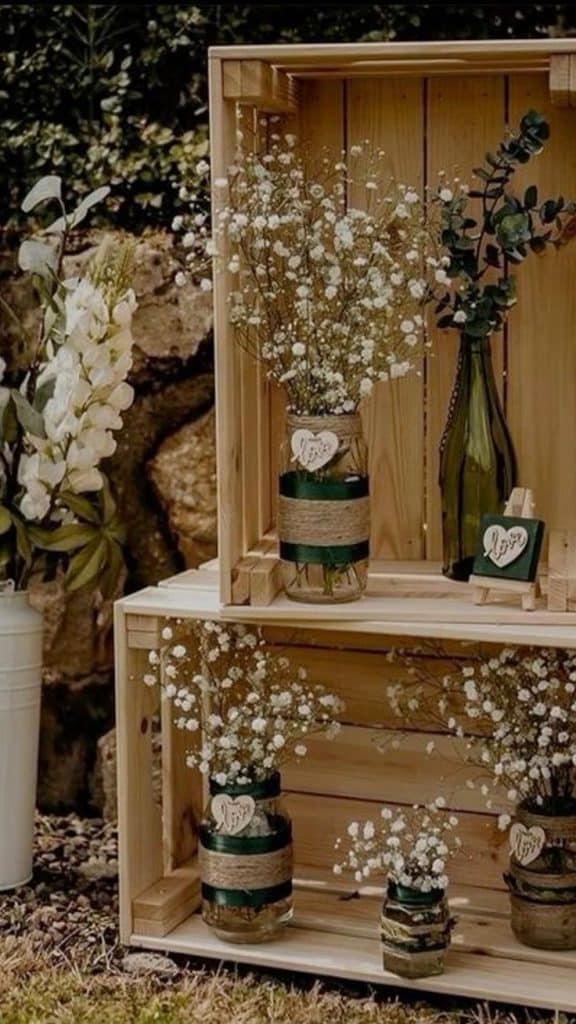 Enchanting Rustic Bridal Shower Ideas for a Memorable Celebration. 8 Crates with vases and white flowers