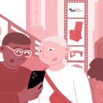 Red and white NYCxDesign illustration featuring individuals visiting the event.