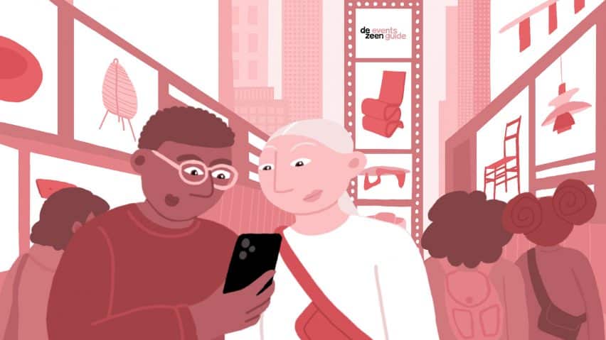 Red and white NYCxDesign illustration featuring individuals visiting the event.