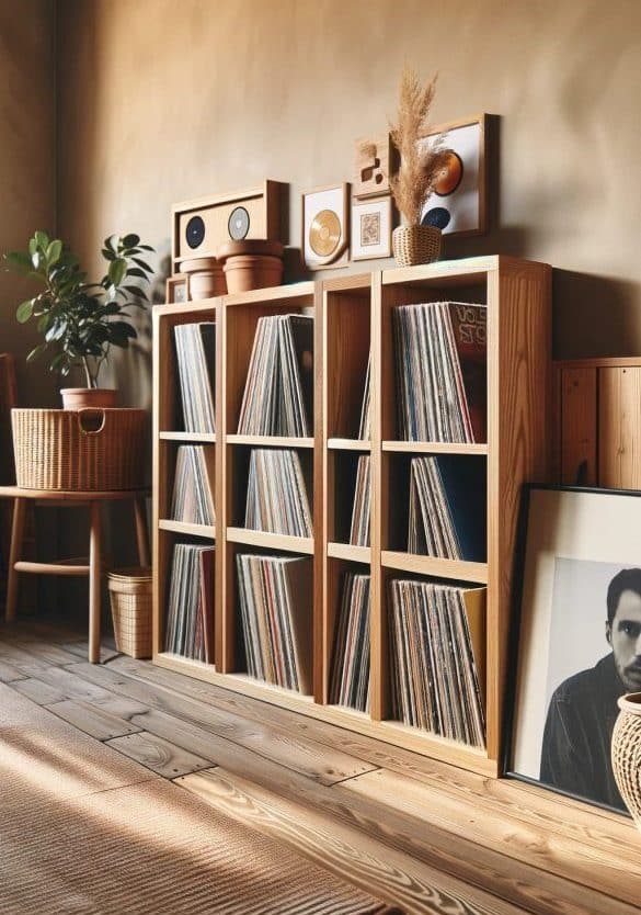 Unique Ways to Display Vinyl Records in Home Décor. 6 Wooden console with multiple compartments