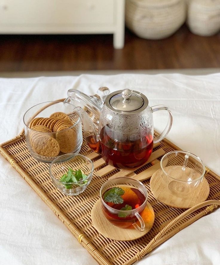 Tray with teapot, tea, and cookies