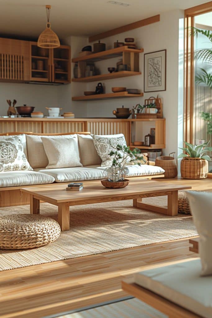 Woodwork is highlighted in japandi