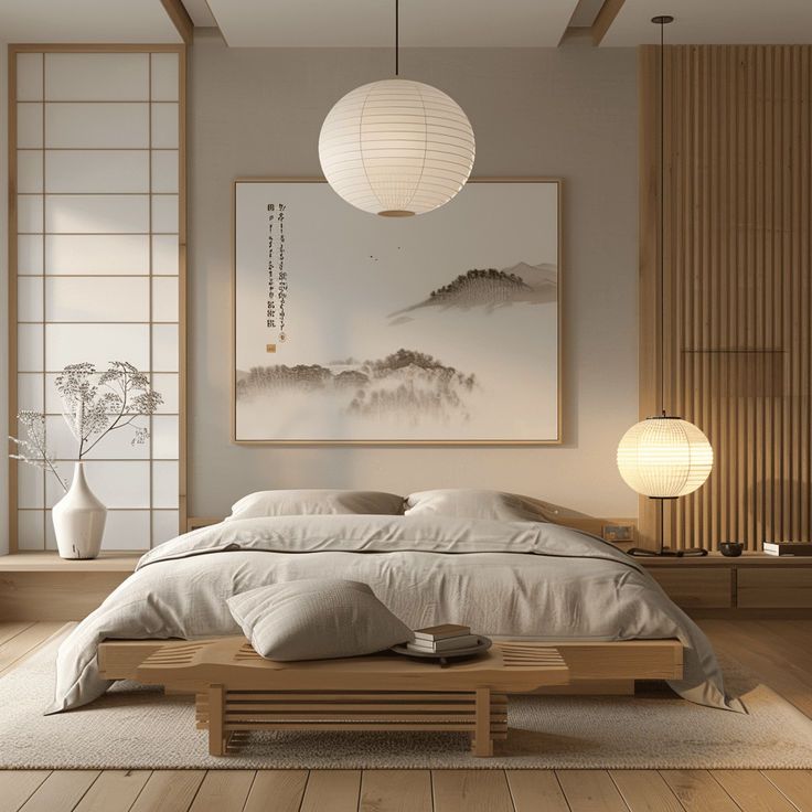 Oriental-inspired bedroom with low bed