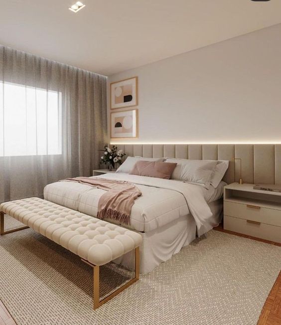 Stylish and Minimalist Ideas for a Dreamy Couple's Bedroom. 4 Bed with upholstered headboard