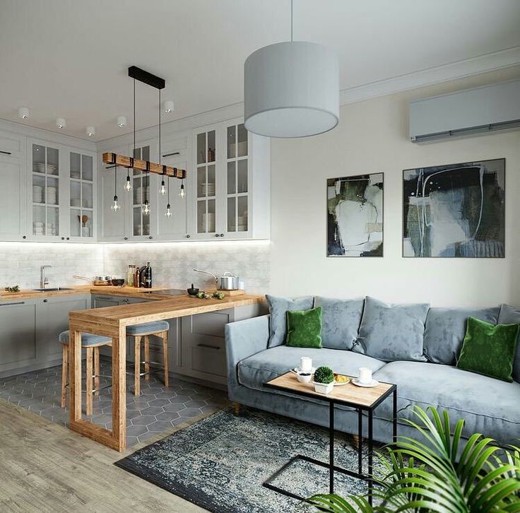 Living room and kitchen with neutral color palette