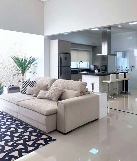Living rooms and kitchens integrated in white and gray