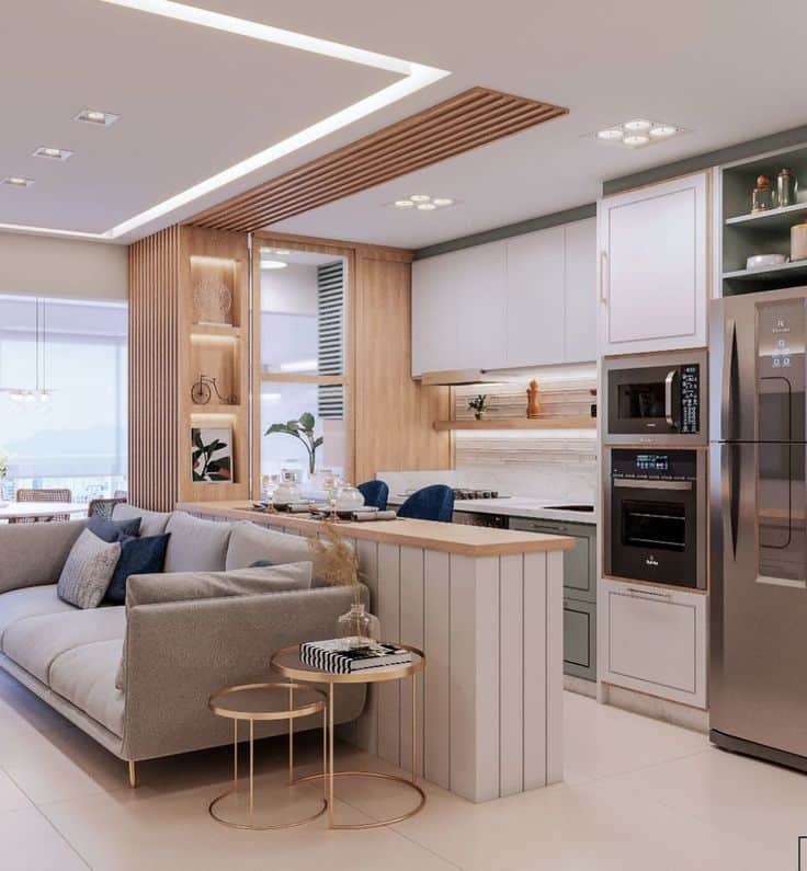 Living room and kitchen in neutral and wooden tones