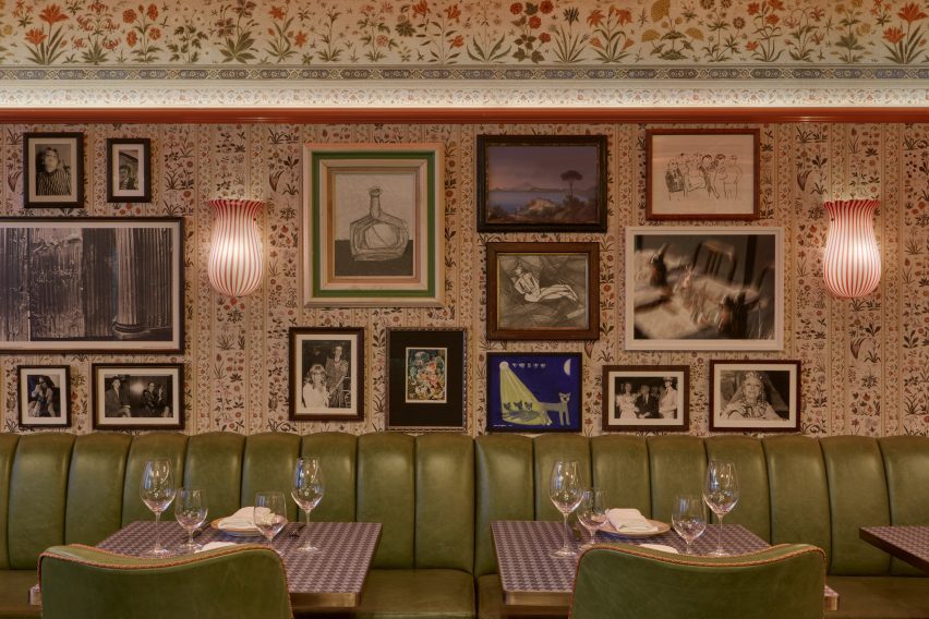 The restaurant interior featuring floral patterns and an inviting atmosphere.