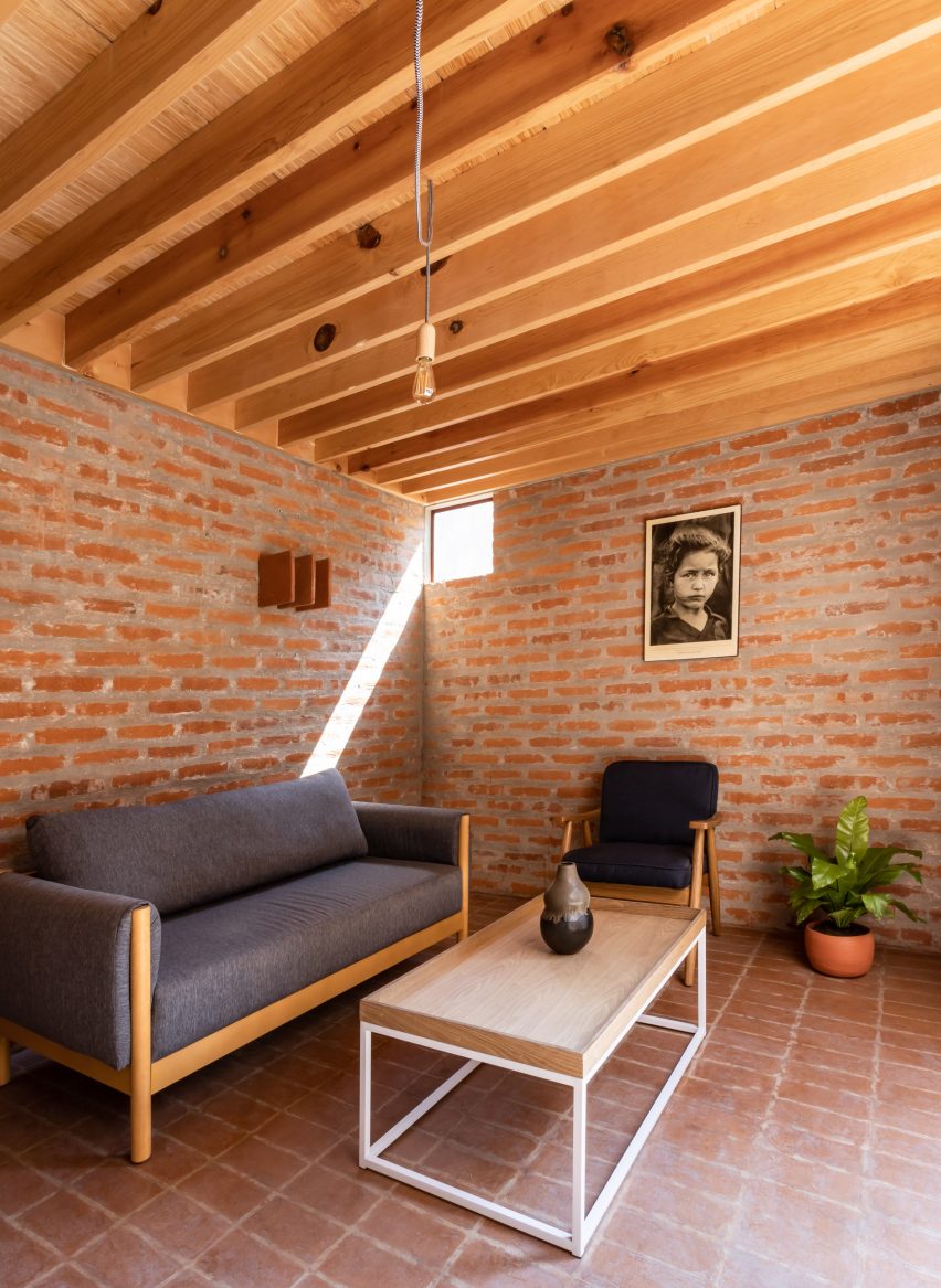 Casa Nakasone, designed for a retired teacher, prominently displays inexpensive structural materials like brick and wood.