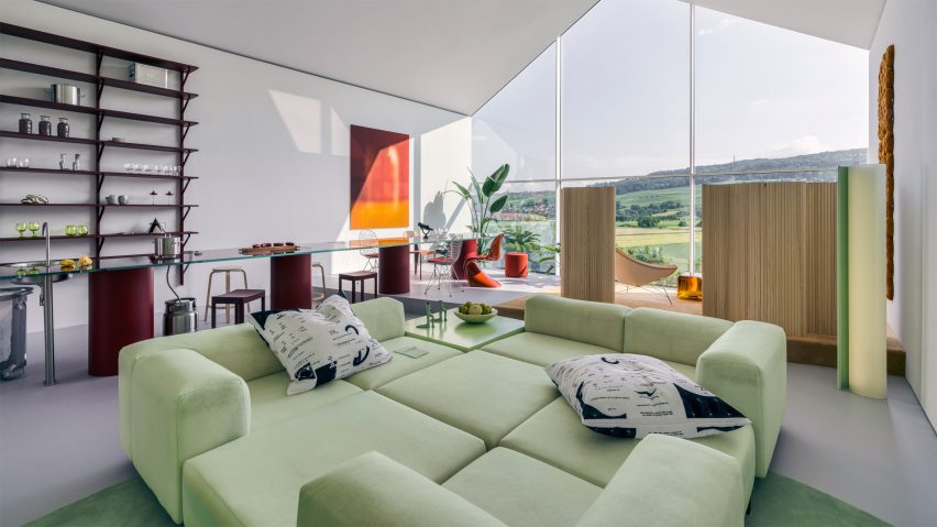 Sabine Marcelis Creates Color-Blocked Scenography for VitraHaus Loft 1 A photograph of the VitraHaus loft showcasing its colorful design.