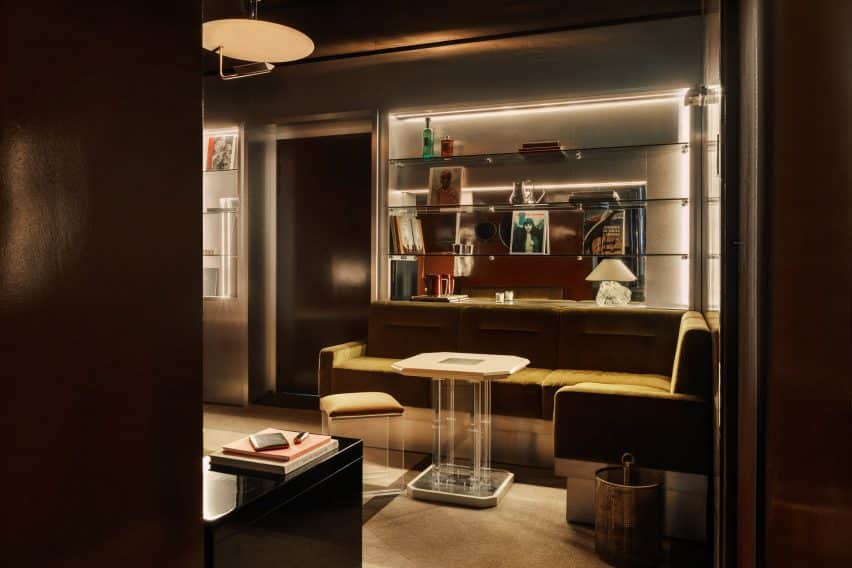 Necchi Architecture Evokes Retro Nightlife in Hotel Château d'Eau, Paris 5 A vibrant bedroom characterized by deep pile carpets transitioning from lime green to dark purple.