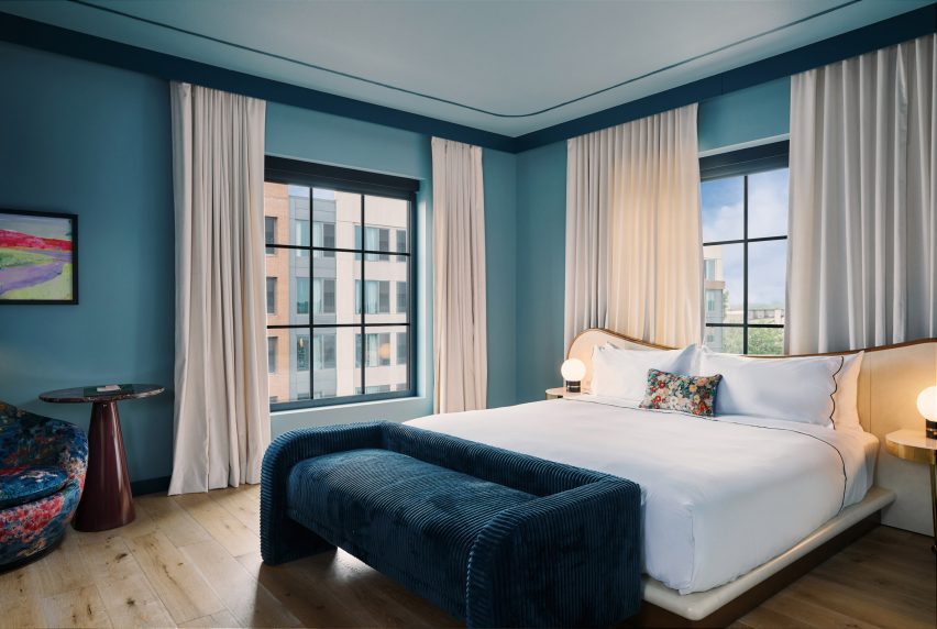 The rooms are coloured by type and the smaller spaces feature a blue palette.