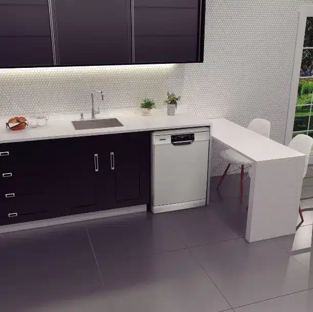 Inspiring Compact Kitchen Ideas for Efficient Small Spaces. 3 Small apartment kitchen with compact Tramontina Inox 15 Services S15X dishwasher, featuring a minimalist design and significant water and energy savings. Photo: Tramontina