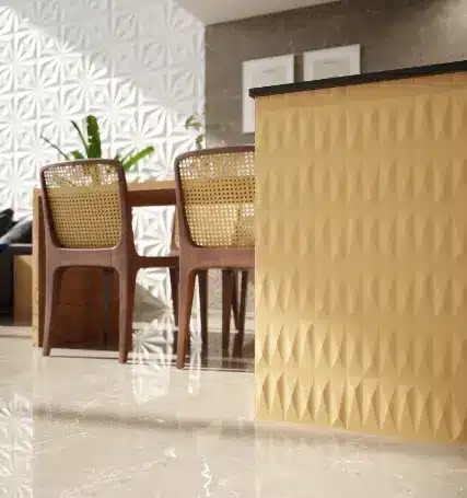 Stunning Ceramic Designs for Your Kitchen: Essential Tips to Choose. 7 Ceramic for kitchen: the Rubik Yellow tile, specified on this counter, is a satin-finish tile ideal for barbecues, indoor walls, and decorated panels – Photo: Ceusa