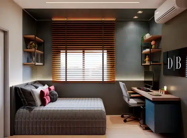 Incredible Tips to Transform Your Teen Boy's Room. 9 Burnt cement covering is perfect for a modern decoration of a male teenage room – Project: Rodrigo Baleeiro – Dbale Arquitetura
