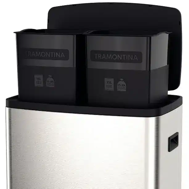 Tramontina Octos Trash Can in Stainless Steel with Two Removable Buckets and Pedal 15 L + 15 L – Photo: Tramontina