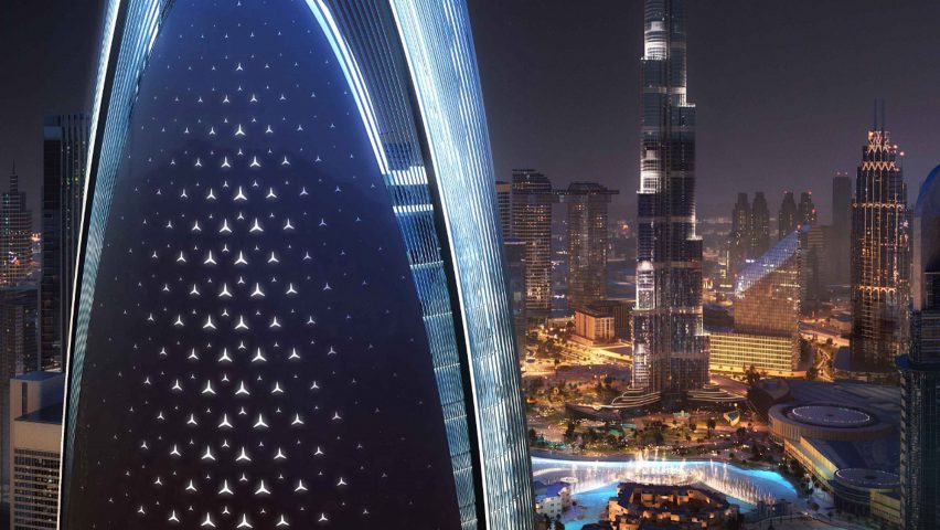 This Week We Look Forward to Architecture and Design Trends of 2024 3 The design for a Mercedes-Benz skyscraper in Dubai, depicted in a sleek and modern architectural style.
