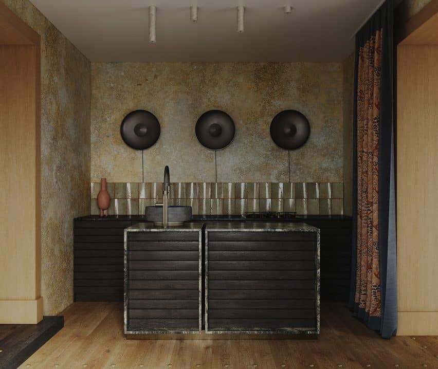 The interior features natural materials such as stone and wood