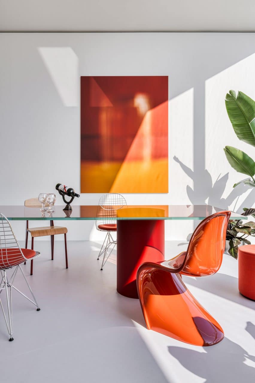 Sabine Marcelis Creates Color-Blocked Scenography for VitraHaus Loft 5 The dining area within the loft, demonstrating a mix of colors and materials.