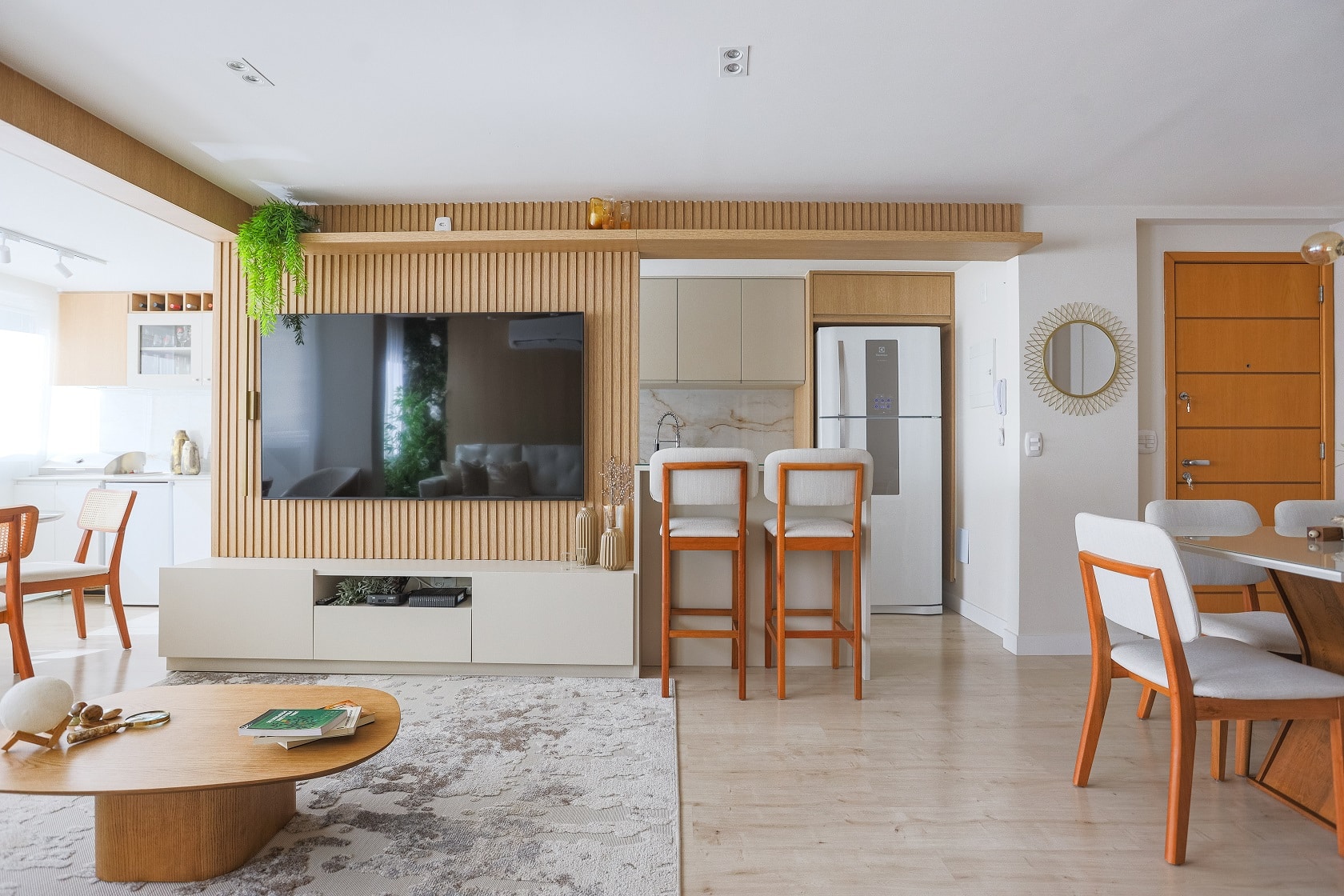 Living and dining room with light colors
