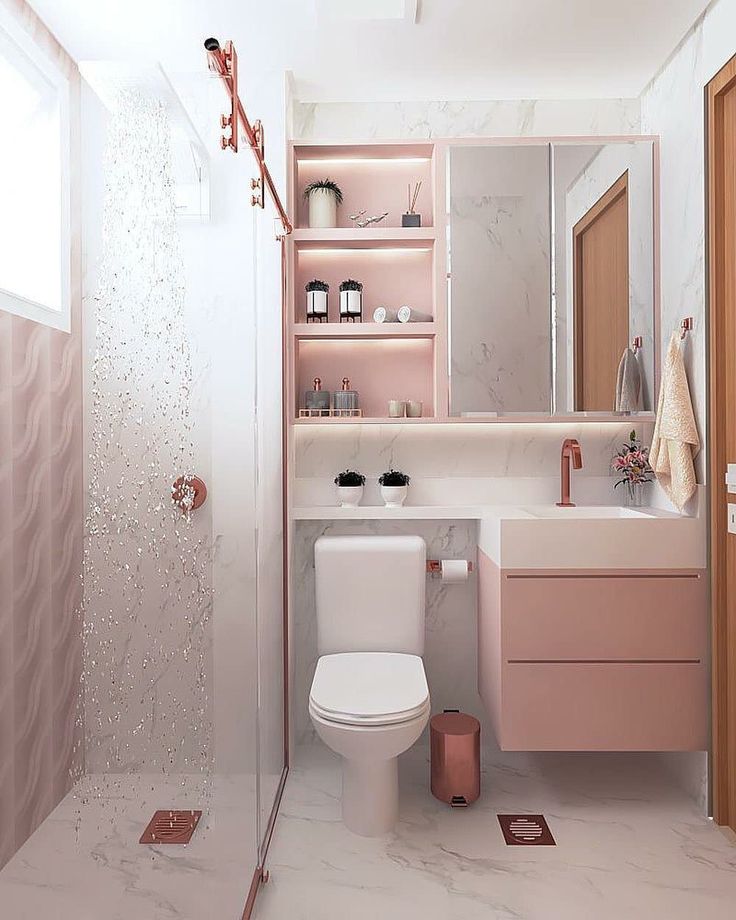 Bathroom in white and pink with rose gold details