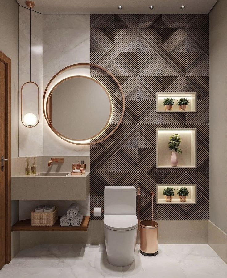 Bathroom in light grey tones with rose gold