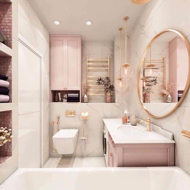 Bathroom in light tones with pink and rose gold