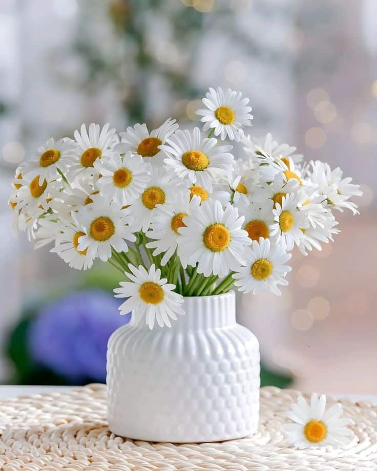 White vase with daisies