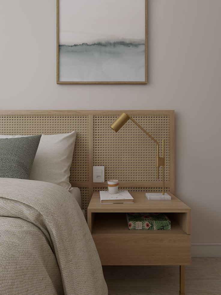 Cane headboard with wooden bedside table and lamp