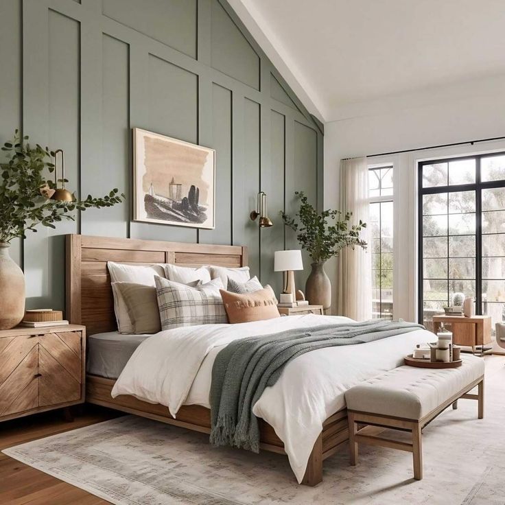 Bed with cane and round wooden bedside table