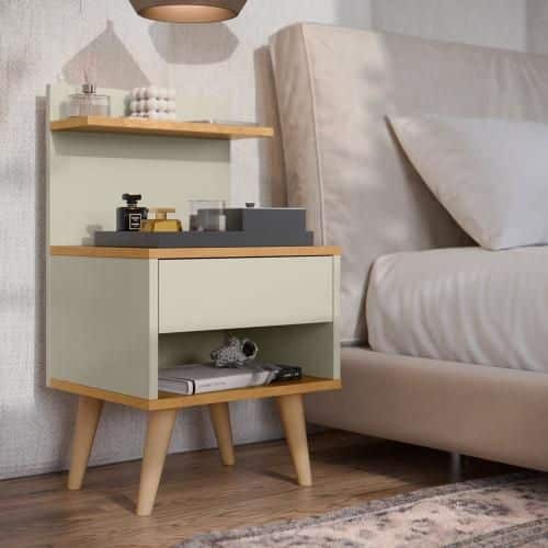 Light gray bedside table with wooden legs