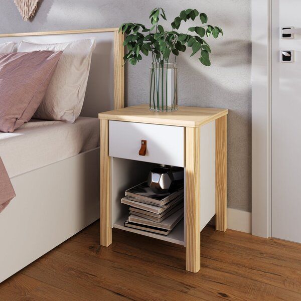 Double bedroom with gray and white wall, bed and wooden bedside table