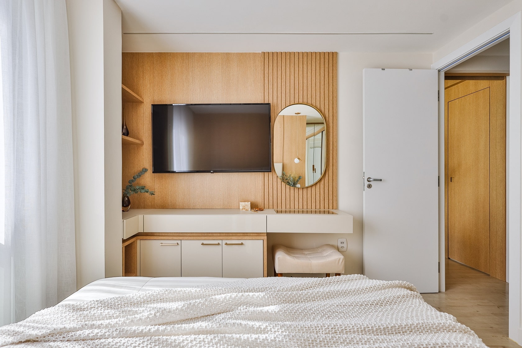 Master bedroom with wood panel