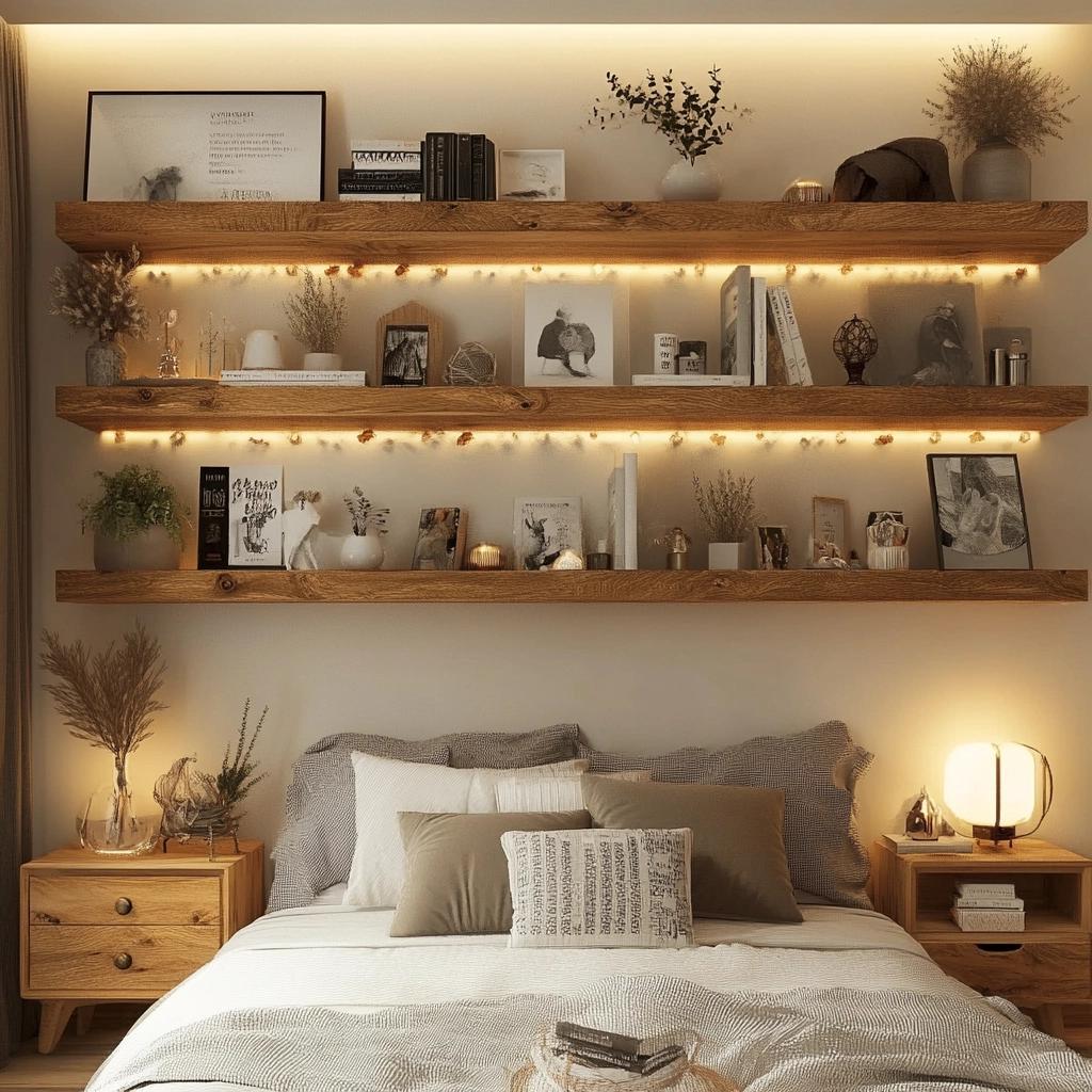 70 Inspiring Ideas for Wooden Shelves to Enhance Your Bedroom Decor 8 50 Fotos e Ideias para Prateleiras de Madeira em Quartos