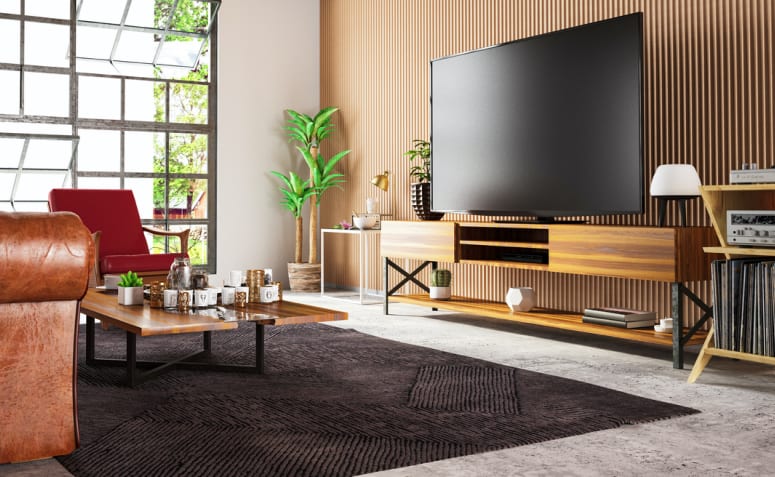 Expert Tips and 85 Stunning Ideas for Living Room Wall Coverings 3 Imagem de uma sala com revestimento moderno.