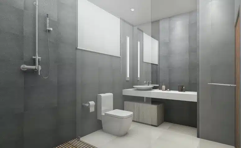 Gray Bathroom: 70 Inspirations Showcasing Its Versatility 3 Imagem de um banheiro cinza elegante.