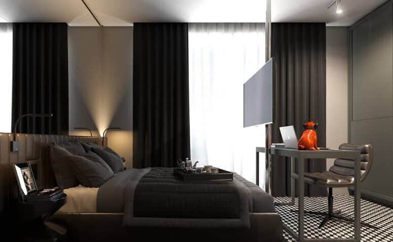 35 Chic Black Curtain Designs for a Luxurious Home 3 Capa sobre cortinas pretas, apresentando ideias diversas para o uso no espaço.