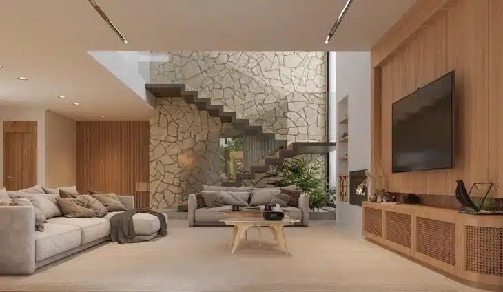 A aplicação em formato de mosaico fica descontraída e garante um toque moderno para o ambiente.