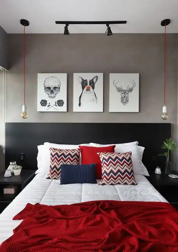 Elegant Gray Bedroom: 12 Stylish Ideas to Transform Your Space 7 Quarto cinza com vermelho.