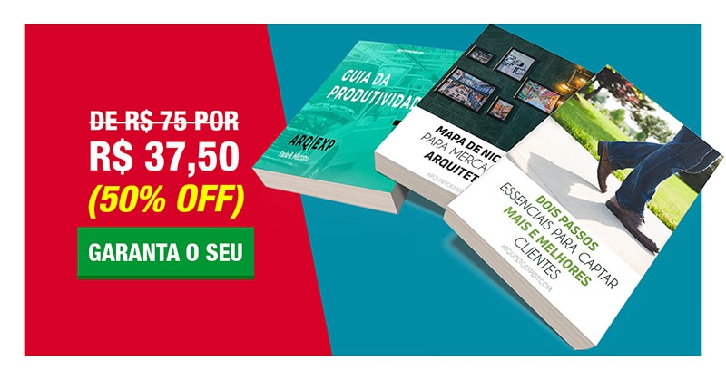 Imagem do combo de livros digitais sobre captação de clientes e nichos na arquitetura.
