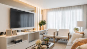 55 Stylish TV Stands for Spacious Living Rooms 7 Rack de madeira em um ambiente decorado
