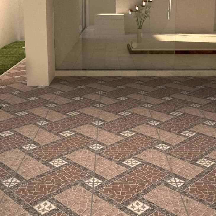 Exemplo de piso para quintal com textura de pedras portuguesas e azulejo.