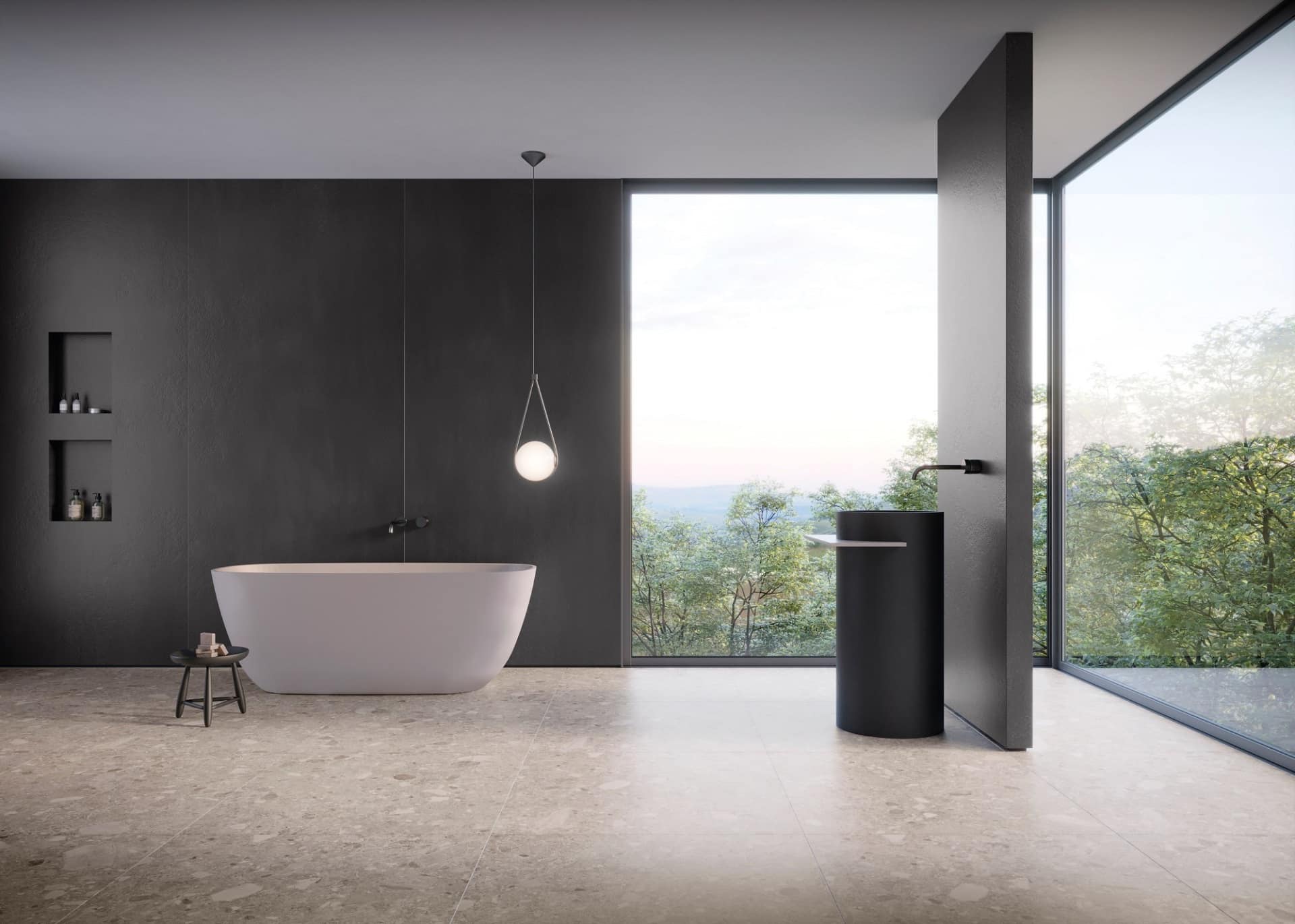 Porcelanato para banheiro é a melhor escolha de revestimento para o ambiente. É seguro, durável e fácil de limpar (Projeto: Portobello)