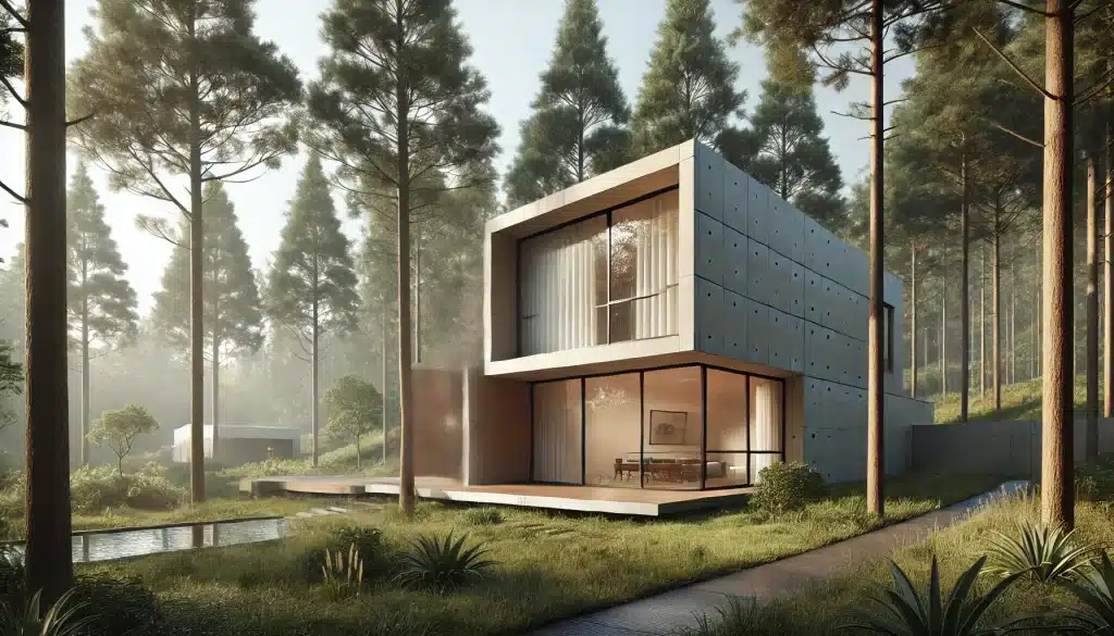 Uma casa minimalista situada em uma floresta, destacando linhas limpas, grandes janelas de vidro e um design funcional simples.