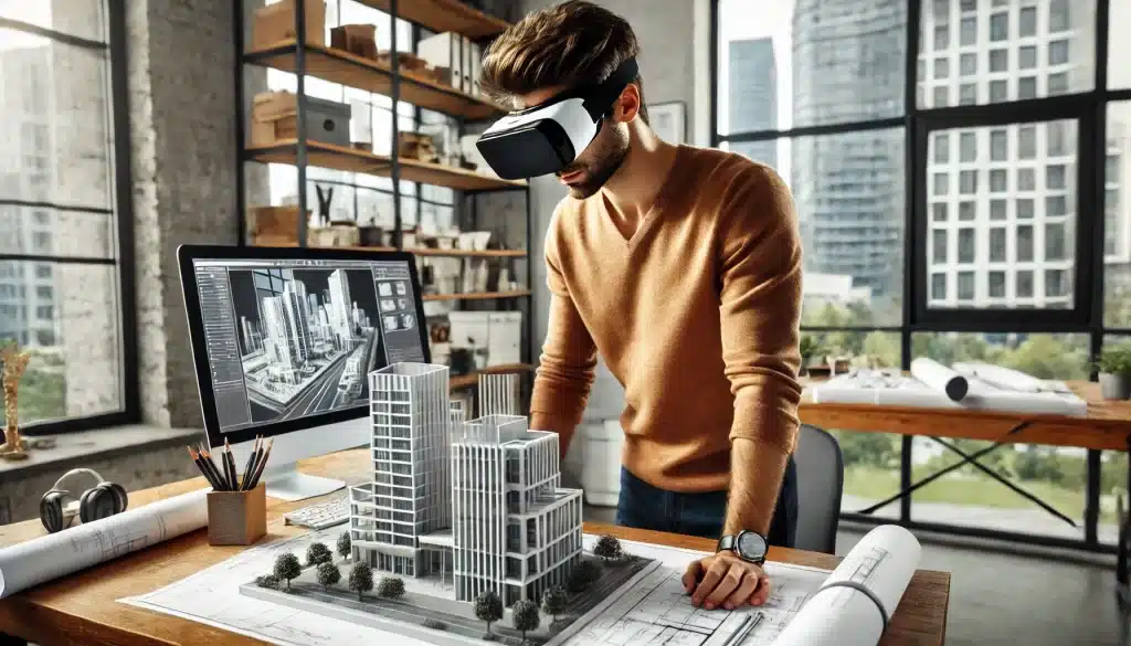 Um arquiteto olhando para um modelo enquanto usa óculos de realidade virtual, em uma mesa com um modelo arquitetônico detalhado na frente.