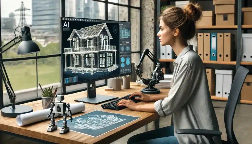 Uma mulher usando inteligência artificial para criar um modelo de casa em um computador, em uma mesa moderna com software arquitetônico avançado exibido no computador.