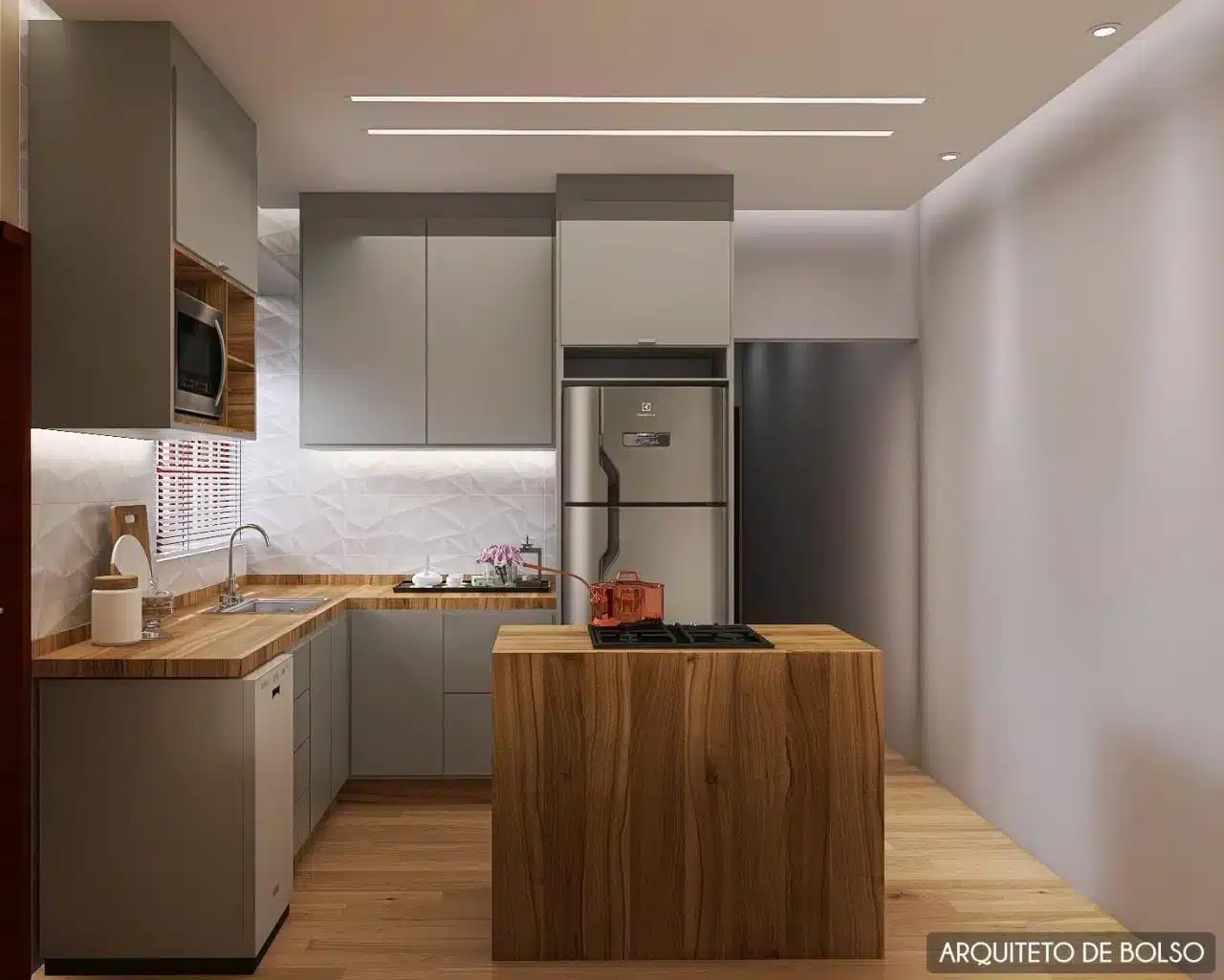Stunning Kitchen Counter Ideas for Your Home 3 Balcão de cozinha de cor clara e design moderno com detalhes em madeira.